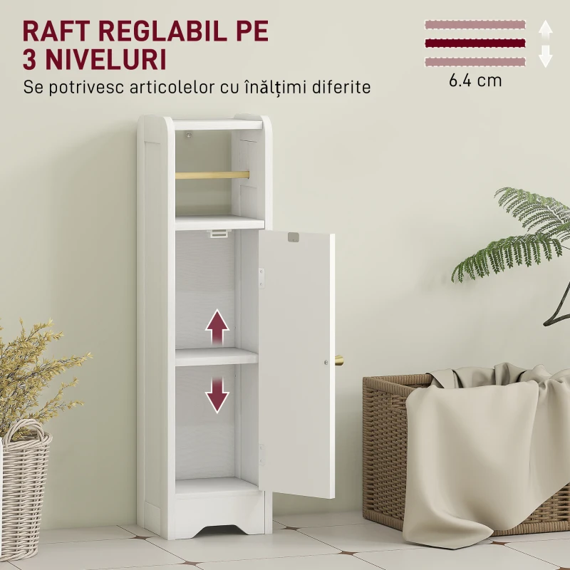 HOMCOM Dulap pentru Hârtie Igienică din Lemn cu Compartiment și Raft Reglabil, 21x20x79 cm, Alb