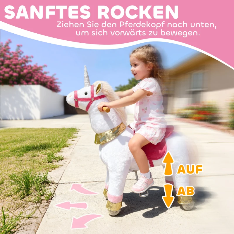 AIYAPLAY Reitpferd für Kinder, Einhorn-Design, Stoffbezug, stabiler Rahmen, sanfte Räder, Schaukelpferd, 3-5 Jahre, Weiß