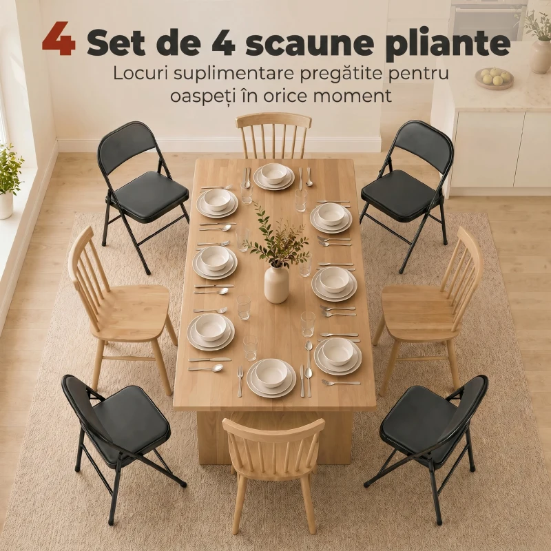 HOMCOM Set de 2 Scaune Pliabile Metalice, Tapițate cu Piele Ecologică PU, pentru Interior, cu Șezut Confortabil și Spătar Deschis