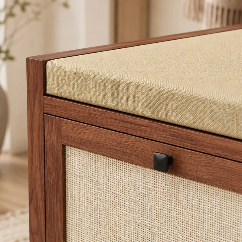 HOMCOM Rattan Shoe Bench with Padded Cushion and 2 Cabinets for Hidden Storage, Brown