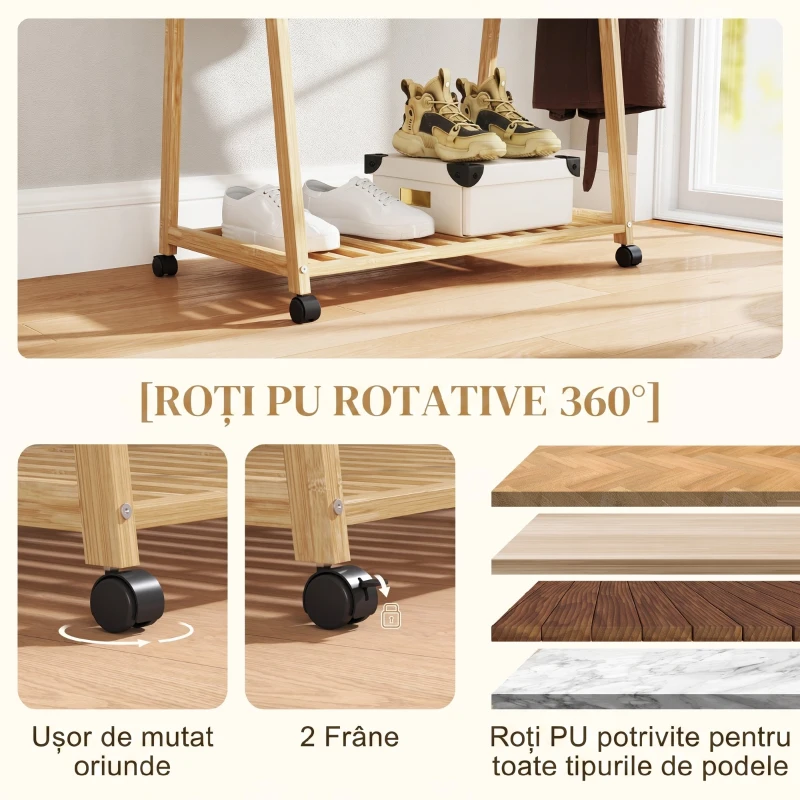 HOMCOM Cuier din Bambus cu Raft pentru Încălțăminte, 2 Cârlige, Cuier Mobil pentru Hol, Sufragerie, Natural