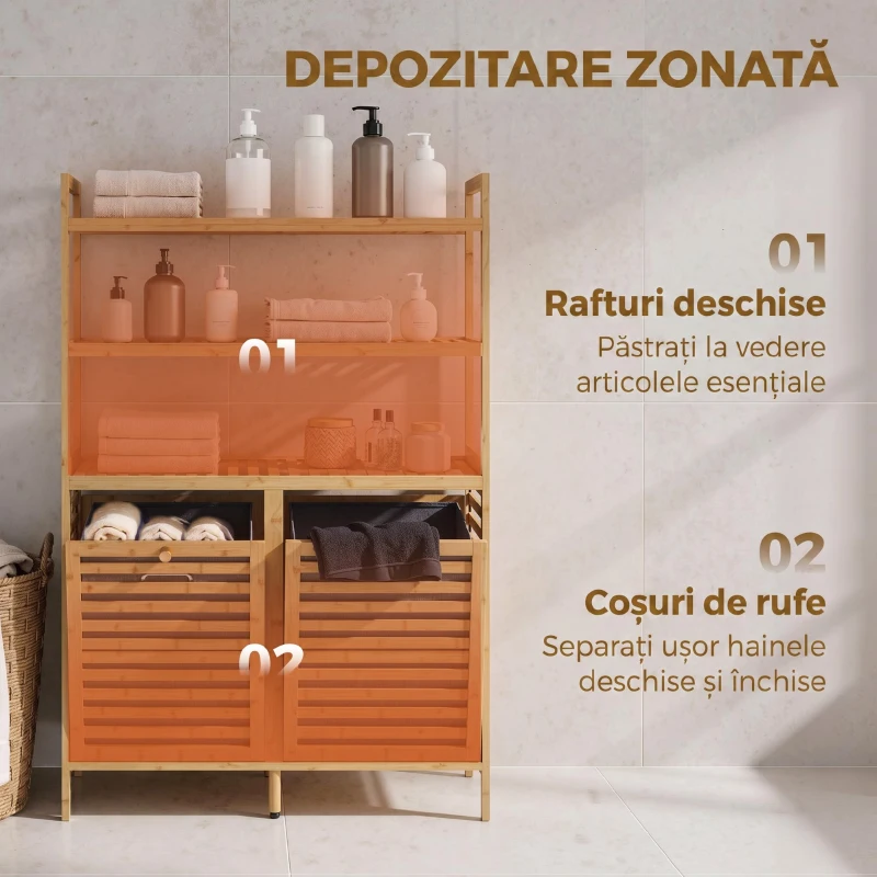 HOMCOM Dulap pentru Rufărie Dublu Rabatabil, Bambus, 2 Coșuri, 3 Rafturi, Culoare Stejar