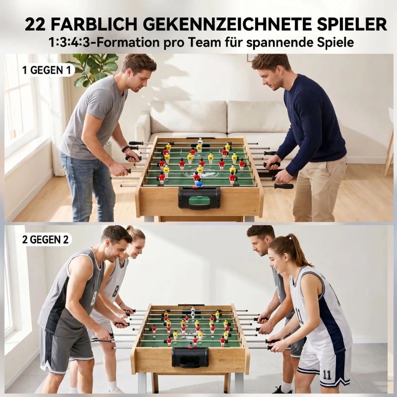 SPORTNOW Tischkicker Kickertisch inkl 22 Kicker 2 Bälle Rutschfest Griffe Punktezähler Schräge Beine 121x87x77cm Naturholz