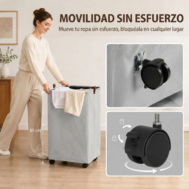 HOMCOM Cesto de Ropa Sucia con Tapa y Ruedas 50L Cesta de Ropa Sucia Plegable con Bolsa con Cordón Extraíble 40x30x65 cm Gris