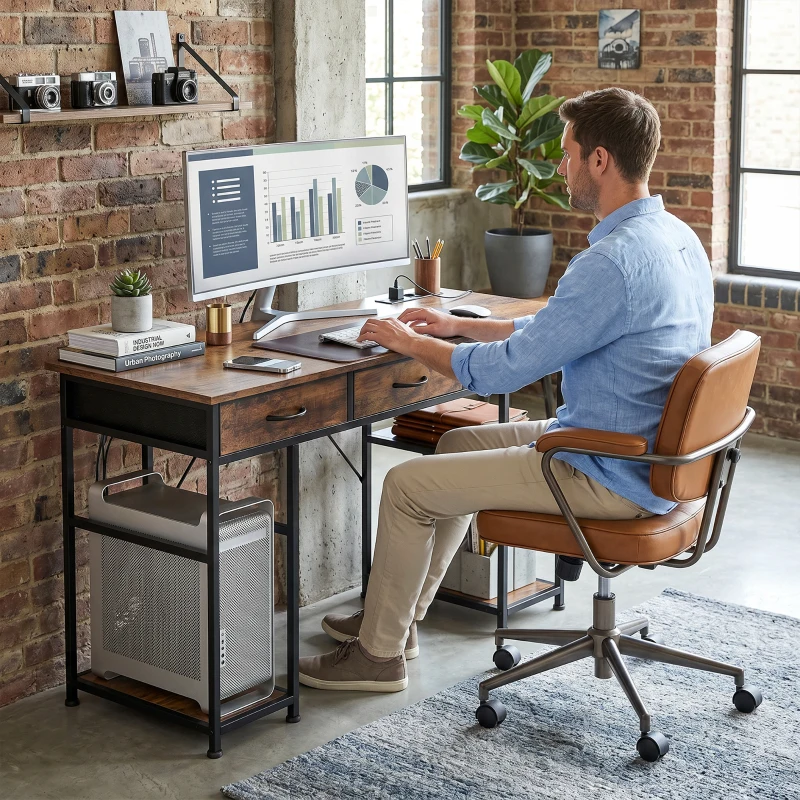 HOMCOM Bureau avec rangement avec prises de courant, 3 tiroirs en tissu et 4 étagères de rangement, 120 x 40 x 76 cm, marron