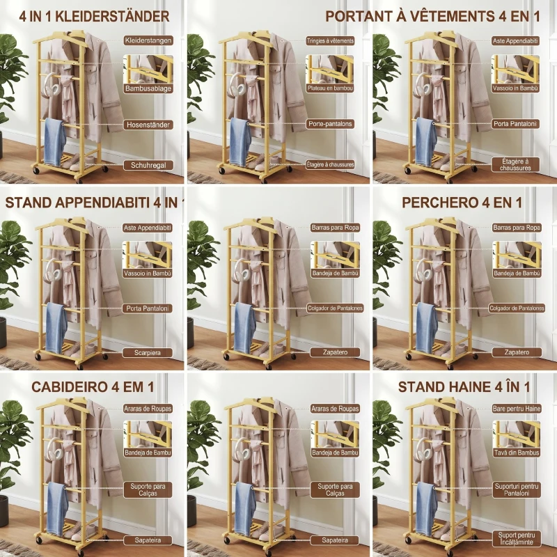 HOMCOM Servomut 4 în 1 pe roți, cu 2 bare, tavă pentru chei și raft pentru pantofi, din bambus, 47x33,7x105,5 cm
