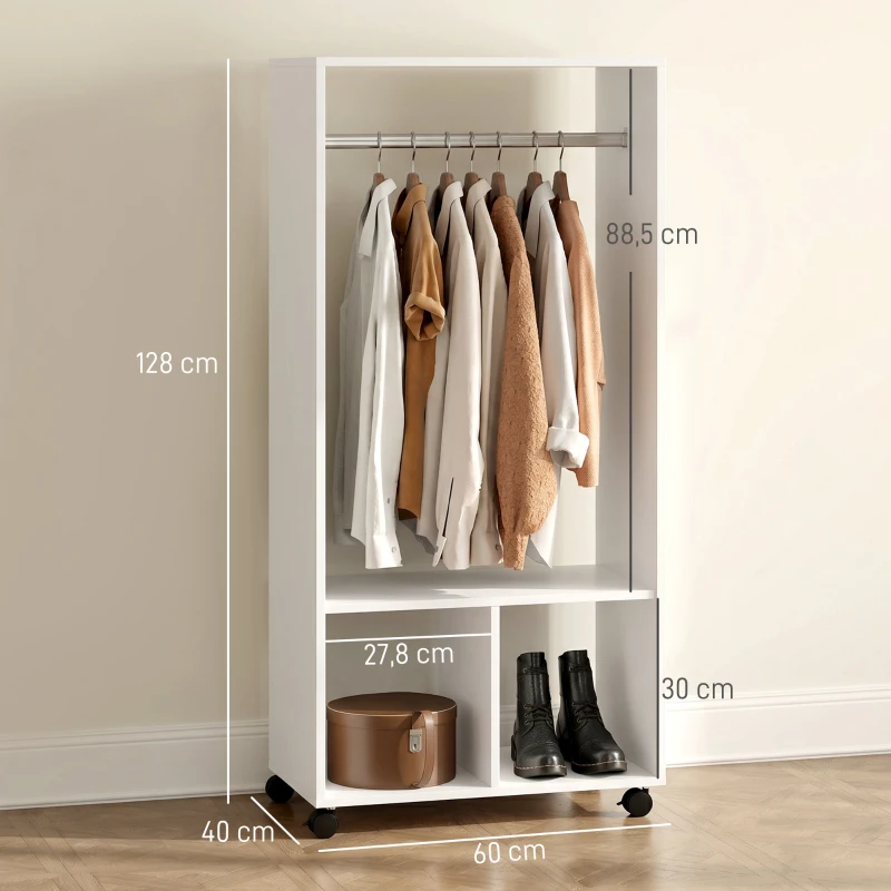 HOMCOM Mobiler Kleiderschrank Garderobe Schrank mit Regal 4 Schwenkräder für Wohnzimmer Schlafzimmer, Aluminiumlegierungen, 60 x 40 x 128 cm, Weiß