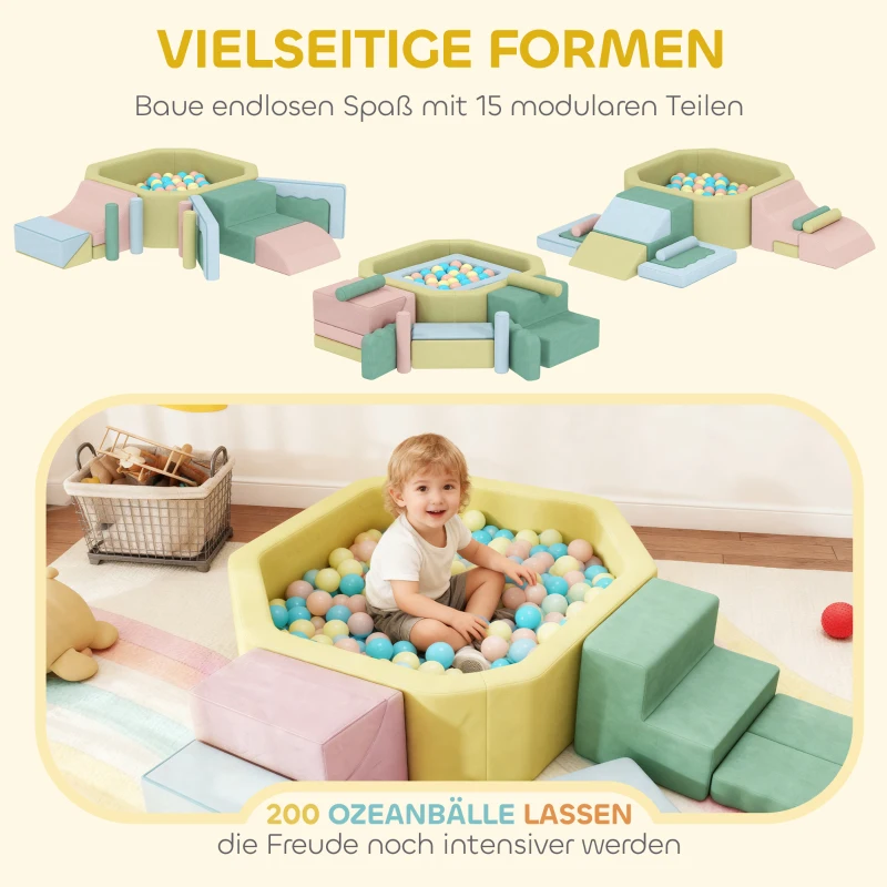 AIYAPLAY 15-teiliges Softbaustein-Set, 200 Kunststoff-Bälle, Bällebad für Kleinkinder, Indoor, Schaumstoff, Bunt