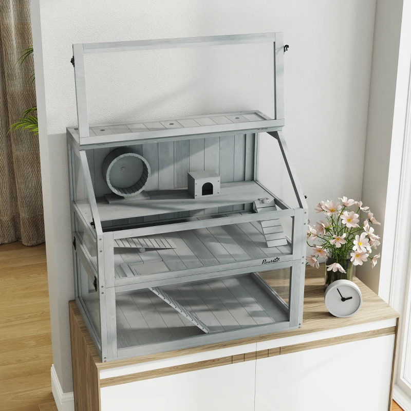 PawHut Cage Hamster Rongeur à 3 Niveaux, Base Amovible Profonde, Cabane, Balançoire, 80x50x76cm Gris Clair