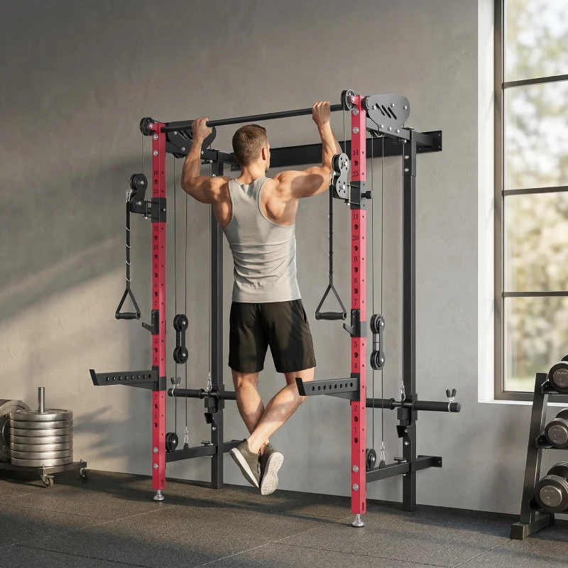 SPORTNOW Power Cage Pieghevole, Rack con Barra Trazioni e Sistema Puleggia Cavi, Rosso