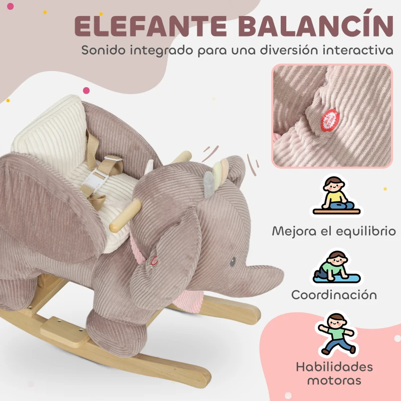 AIYAPLAY Caballito Balancín para Bebés con Sonido de Elefante y Cinturón de Seguridad de 3 Puntos Base de Madera Marrón