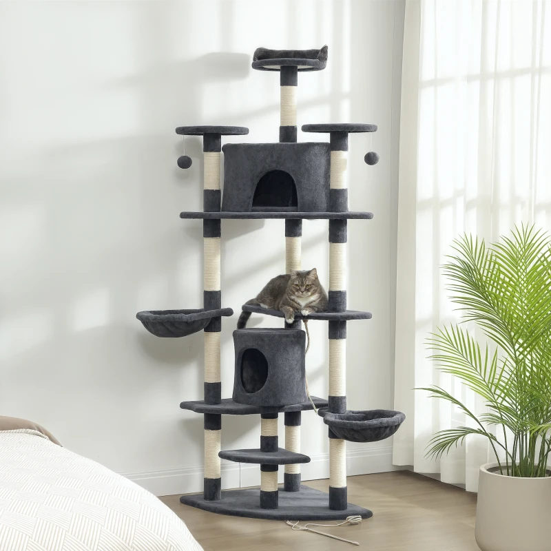 PawHut Árvore Arranhador para Gatos Alta com Casinhas e Redes, 60x60x200cm, Cinza Escuro