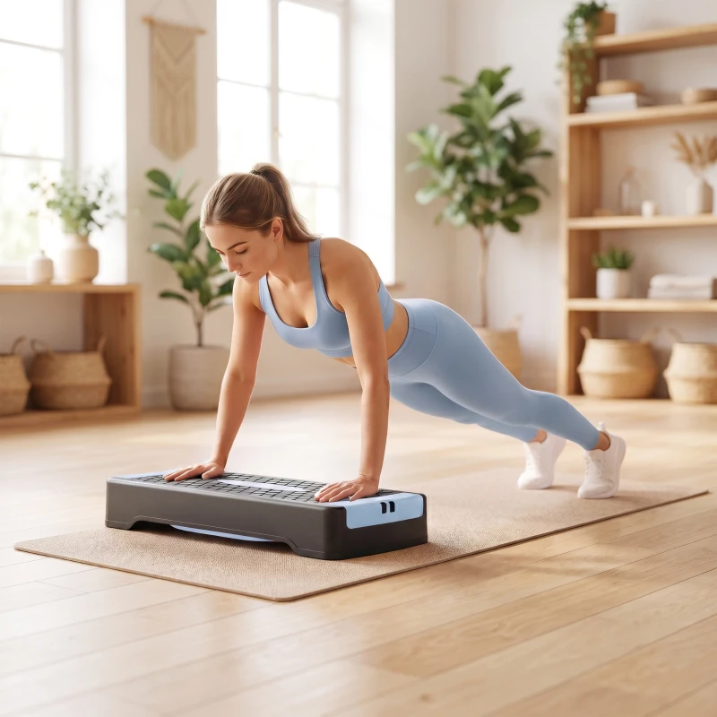 SPORTNOW Placă de step reglabilă pe înălțime Fitness Aerobic Stepper cu 2 trepte (11/16 cm) 2 benzi de rezistență, covoraș anti-alunecare Albastru
