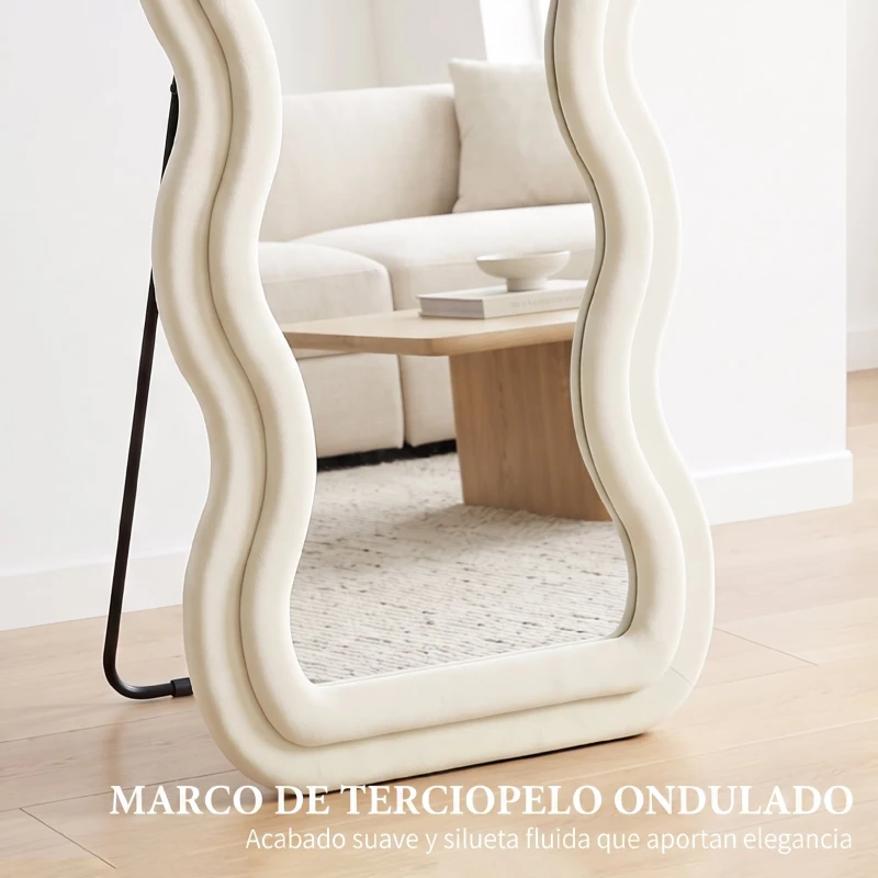 HOMCOM Espejo de Cuerpo Entero 160x60 cm Marco Ondulado Aterciopelado Independiente Apoyado y de Pared Crema