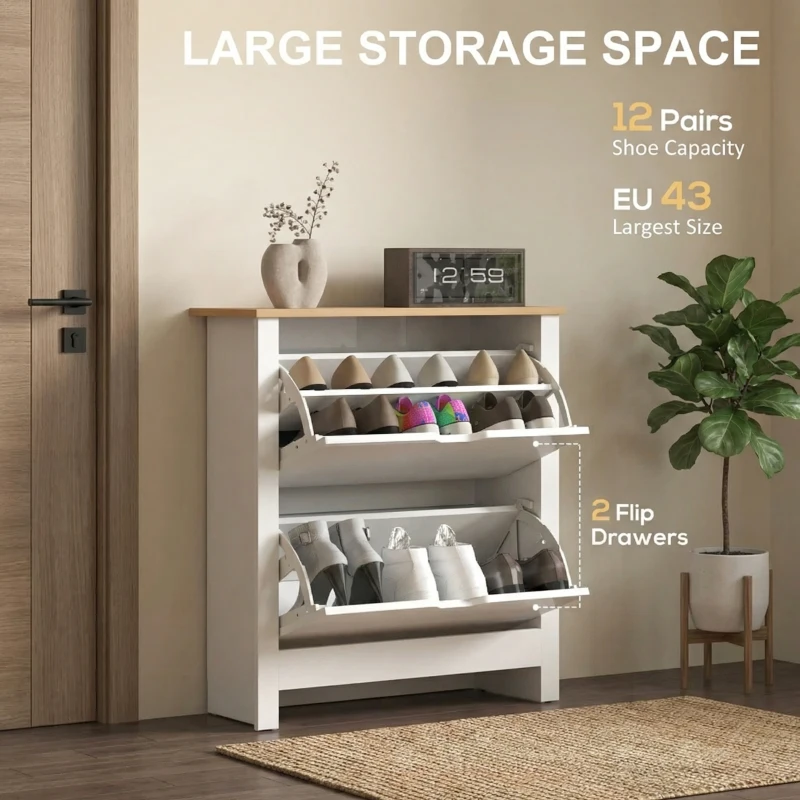 HOMCOM Slim Shoe Cabinet, Narrow Shoe Cupboard with 2 Flip Drawers, Adjustable Shelves for 12 Pairs of Shoes, High Gloss White