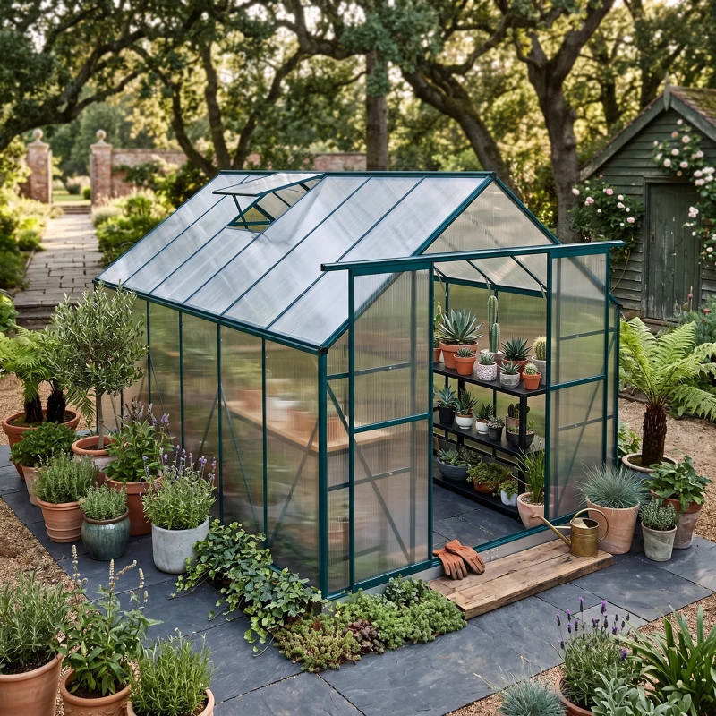 Outsunny 8 x 12ft Aluminium Greenhouse Polycarbonate Walk in Garden Greenhouse Kit with Adjustable Roof Vent, Double Sliding Door, Rain Gutter and Foundation, Clear