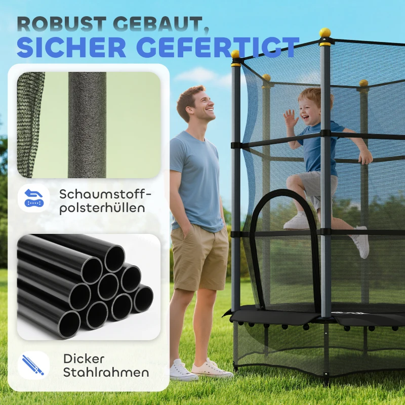 HOMCOM Trampolin für Kinder, Ø140 cm, mit Sicherheitsnetz, für innen und außen, Stahl, Kunststoff, belastbar bis 50 kg, Schwarz