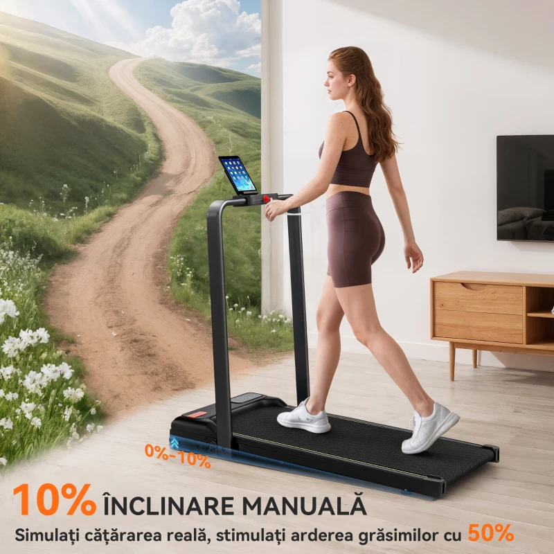 SPORTNOW Bandă de Alergat Pliabilă cu Inclinare Reglabilă, Viteză 1-10 km/h, Display LED și Telecomandă, Negru
