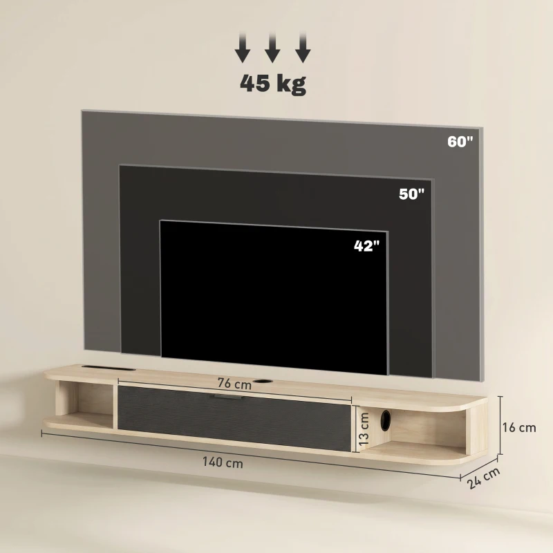 HOMCOM Móvel de TV suspenso, móvel para televisores até 152,4 cm, gaveta basculante 2 prateleiras 140x24x16cm madeira natural
