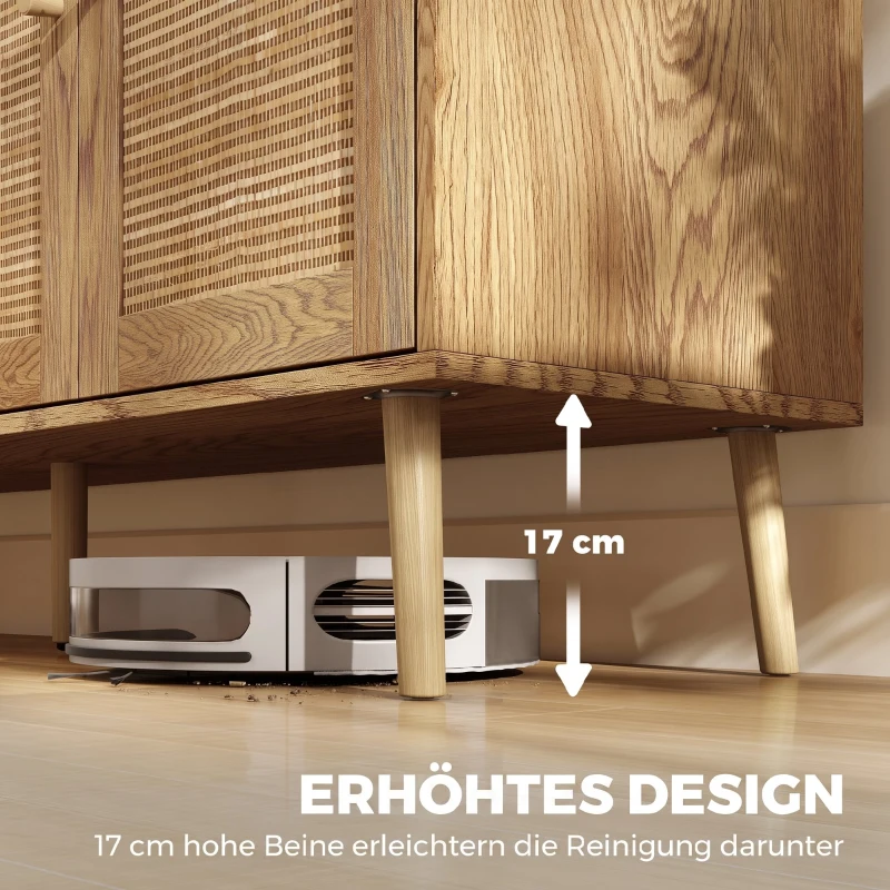 HOMCOM Rotan sideboard met 4 deuren, boho keukenbuffet met 2 verstelbare legplanken, houtlook natuur