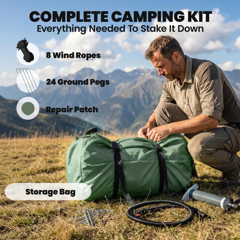 Outsunny Inflatable Camping Tent, 4 Season Hot Tent 10000mm Waterproof with Chimney Opening, Sky Light and Air Pump, Green
