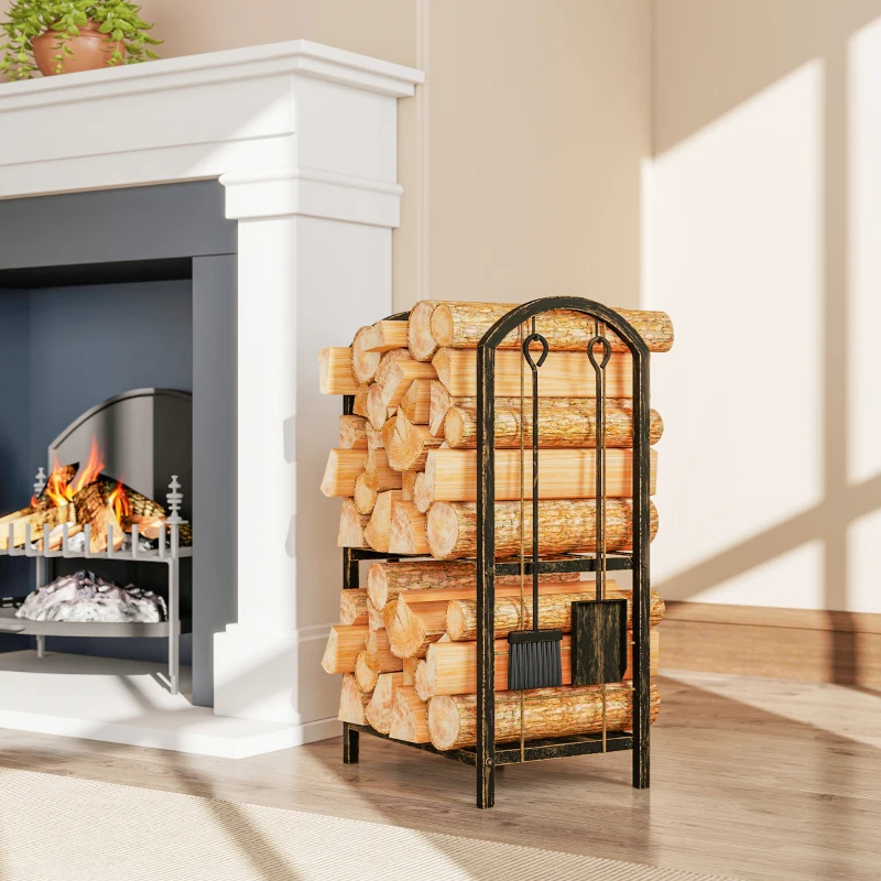 Outsunny Estante de Leña de Metal de 2 Niveles con 4 Herramientas para Chimenea y Ganchos 43x30x74 cm Marrón Oscuro