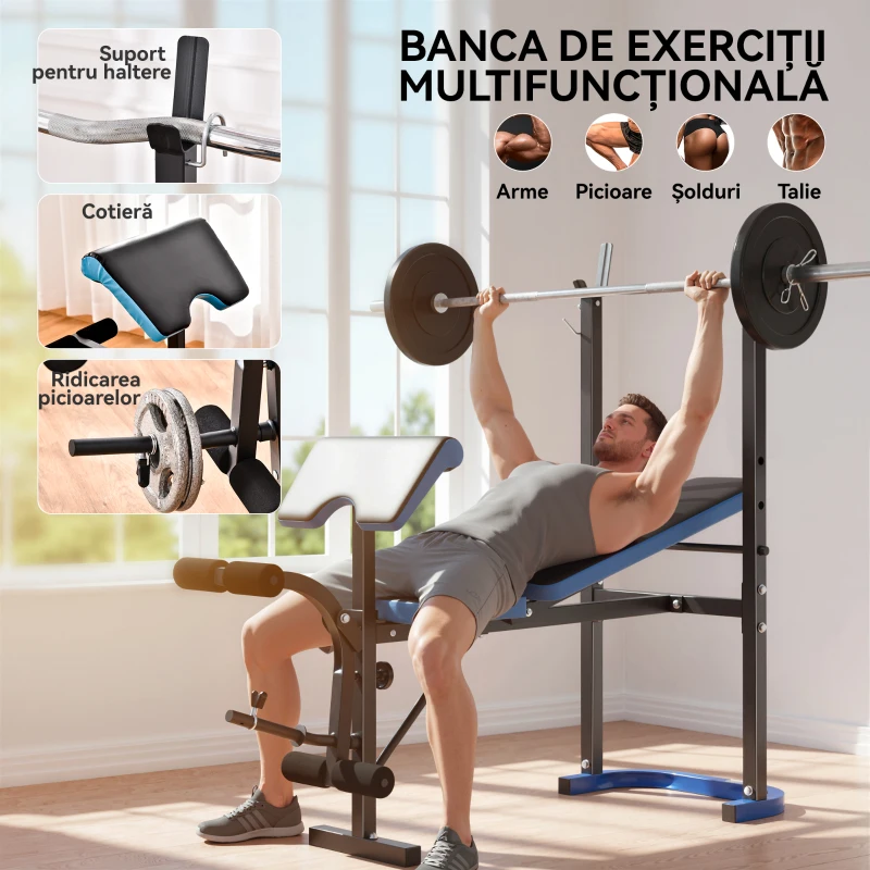 HOMCOM Bancă Multifuncțională cu Suport pentru Haltere și Spătar Reglabil, din Oțel și PU, 155x56.5x120 cm, Negru și Albastru