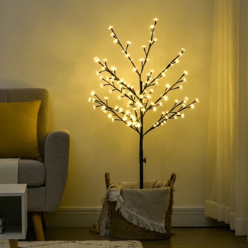 HOMCOM Árbol de Flor de Cerezo con 120 Luces LED IP44 en Blanco Cálido Decoración para Interiores 17x17x120 cm Negro