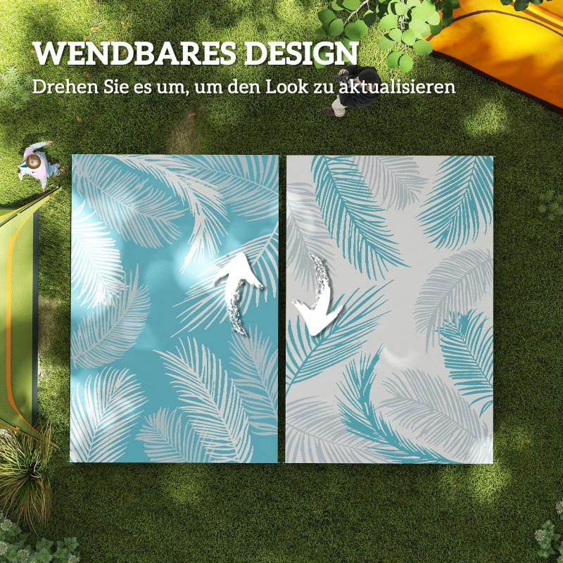 Outsunny Outdoor Teppich wendbarer robuster Wetterfest Outdoorteppich mit Tragetasche Bodenankern 274 x 182 cm Hellblau+Weiß