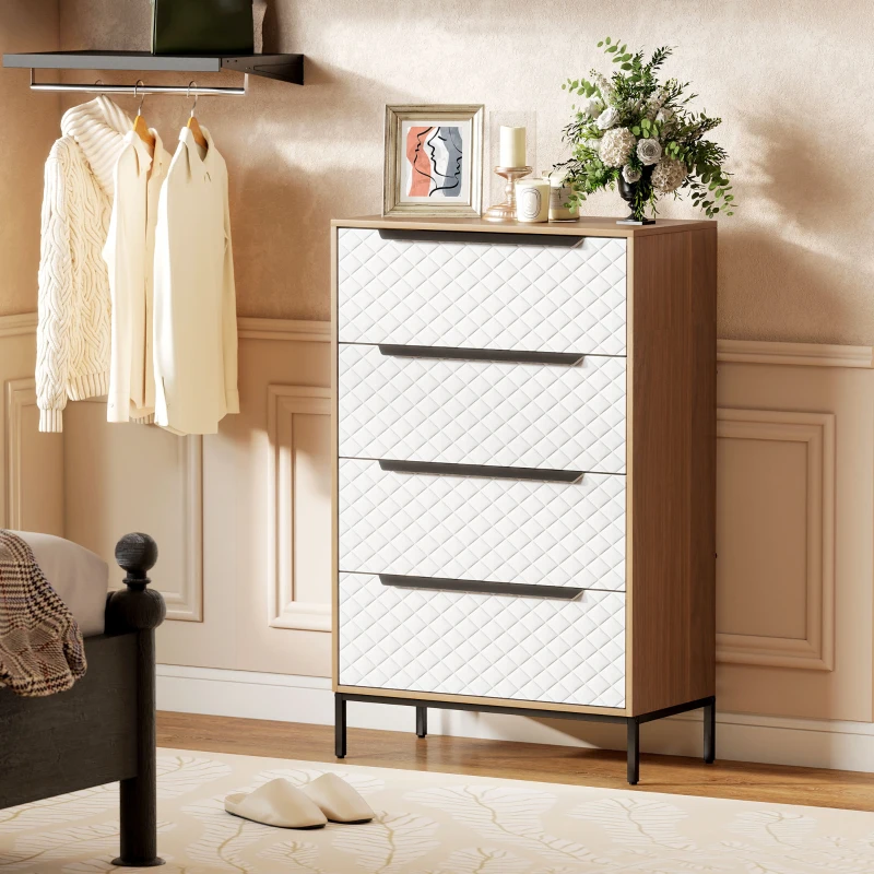 HOMCOM Cómoda com 4 Gavetas de Tecido Frentes com Padrão de Diamante Móvel de Arrumação 59,5,5x30x92,5 cm Madeira e Branco