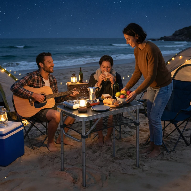 Outsunny Campingtisch Klapptisch mit Netzfach, 4 Höhenverstellungen, Tragegriff Aluminium 60 x 40 x 26-60 cm Schwarz