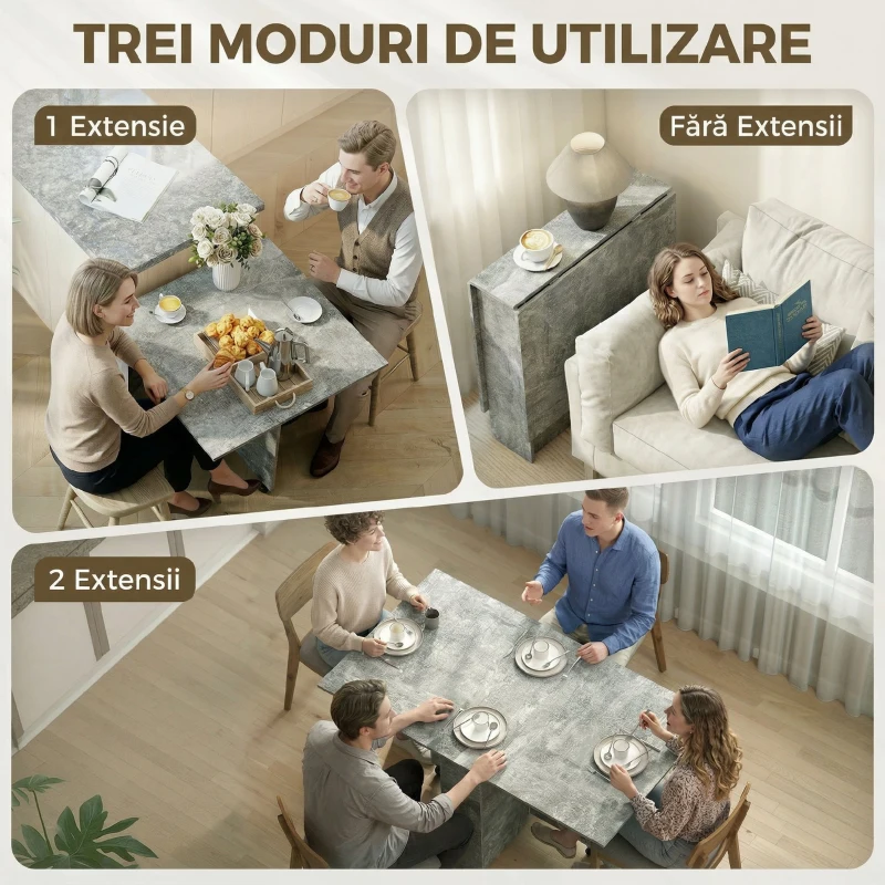 HOMCOM Masă de Dining Pliabilă cu Extensii și Roți cu Frână pentru 4-6 Persoane, Birou Pliabil,140x80x74 cm, Gri Ciment