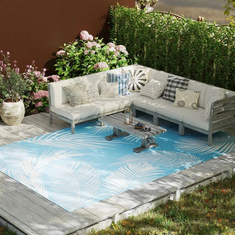 Outsunny Outdoor Teppich wendbarer robuster Wetterfest Outdoorteppich mit Tragetasche Bodenankern 274 x 182 cm Hellblau+Weiß
