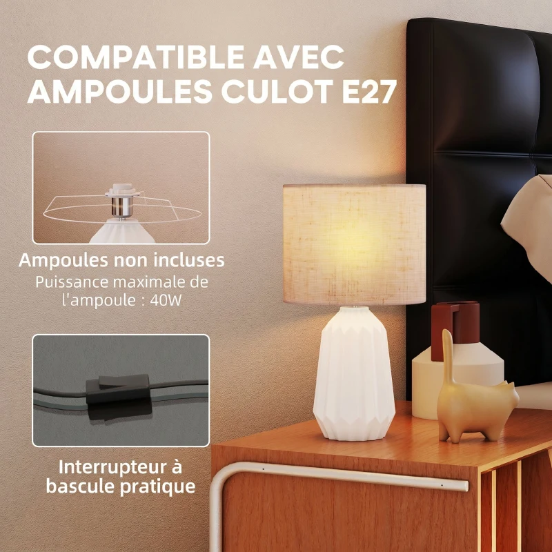 HOMCOM Lampe de Table avec Base en Céramique et Abat-Jour en Lin, Lampe de Chevet avec Interrupteur, Culot E27, Blanc et Beige