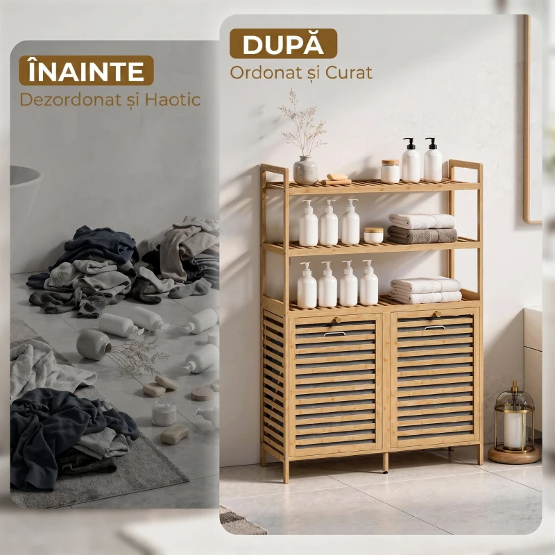 HOMCOM Dulap pentru Rufărie Dublu Rabatabil, Bambus, 2 Coșuri, 3 Rafturi, Culoare Stejar