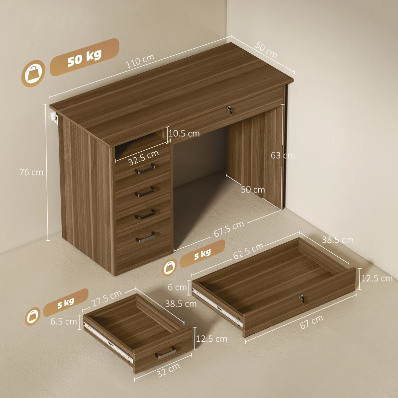 HOMCOM Birou de calculator cu 5 sertare, 110 x 50 cm, birou cu depozitare, raft deschis, sertar cu închidere, Nuc