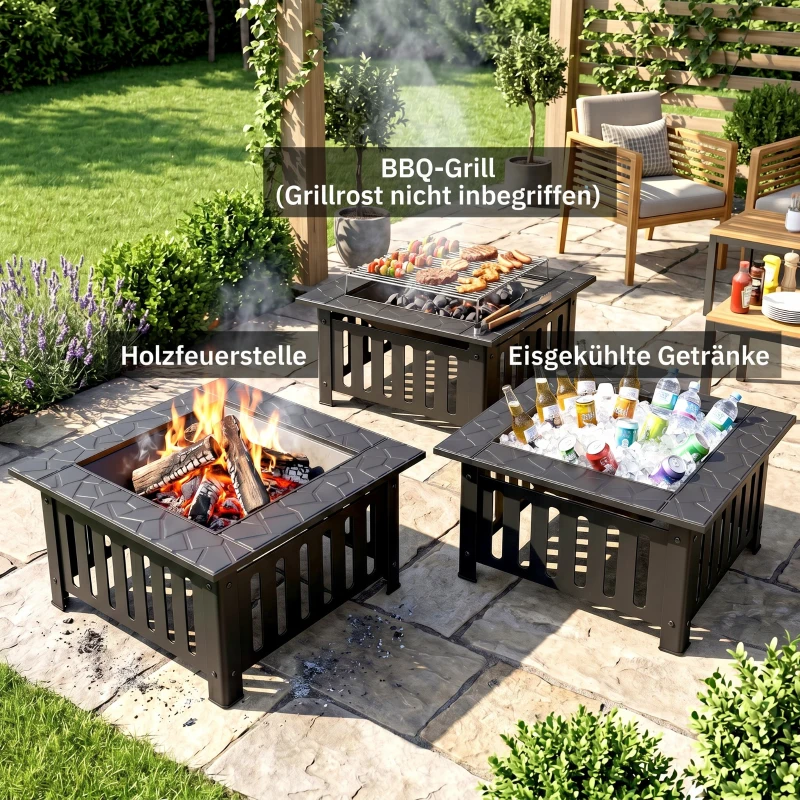 Outsunny Vuurschaal van Staal - Vuurkorf met Vonkenscherm en Pook - Voor Outdoor BBQ of Camping - 67x67x47cm - Zwart