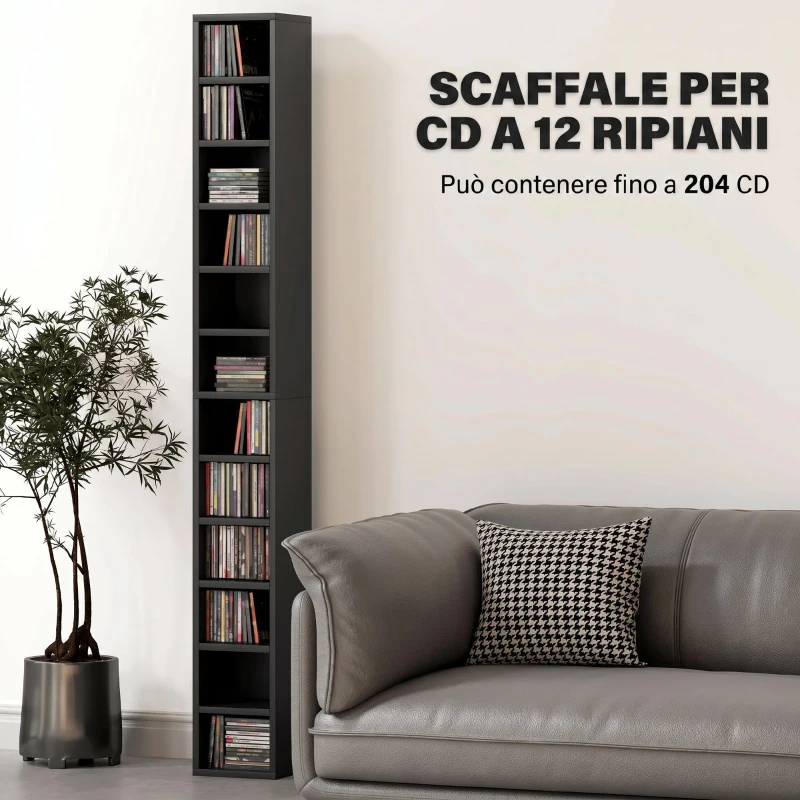 HOMCOM Mobile Libreria Porta CD a 12 Ripiani per 204 CD, in MDF e Truciolato, 21x20x175 cm, Nero
