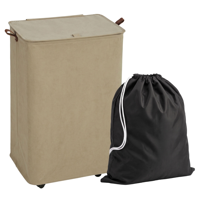 HOMCOM Cesto de Ropa Sucia con Tapa y Ruedas 50L Cesta de Ropa Sucia Plegable con Bolsa con Cordón Extraíble 40x30x65 cm Camel