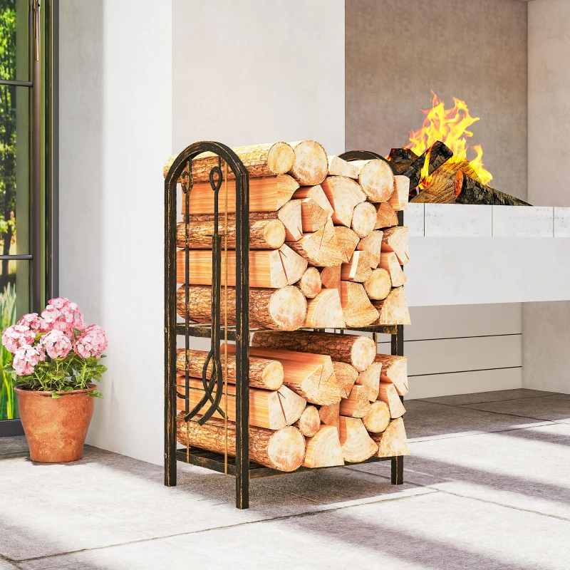 Outsunny Estante de Leña de Metal de 2 Niveles con 4 Herramientas para Chimenea y Ganchos 43x30x74 cm Marrón Oscuro