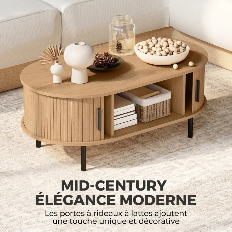 HOMCOM Table basse ovale en bois, table de salon moderne avec portes coulissantes et rangement caché, 100x55x40cm, bois naturel