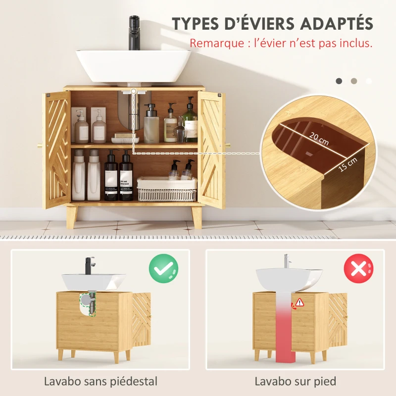 HOMCOM Meuble sous lavabo, meuble de salle de bain en bambou avec étagère réglable et portes à lattes 60 x 30 x 60 cm, naturel