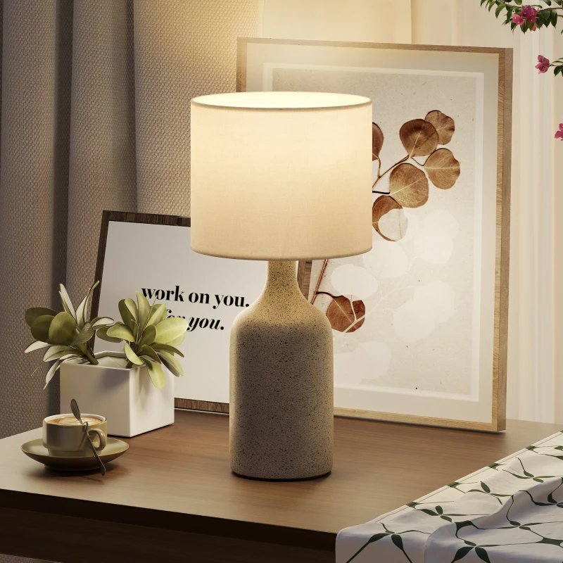 HOMCOM Lampe de Table avec Base en Céramique et Abat-Jour en Lin, Lampe de Chevet Rétro avec Culot E27, Blanc et Sable