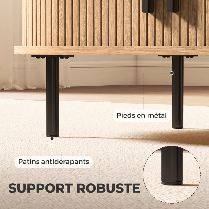 HOMCOM Table basse ovale en bois, table de salon moderne avec portes coulissantes et rangement caché, 100x55x40cm, bois naturel