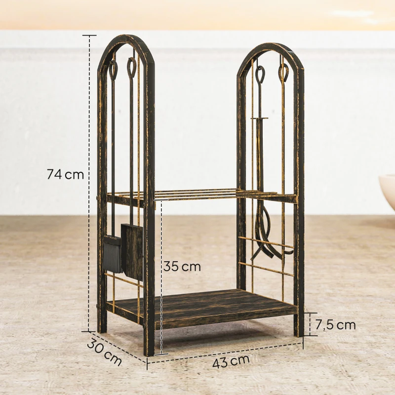 Outsunny Estante de Leña de Metal de 2 Niveles con 4 Herramientas para Chimenea y Ganchos 43x30x74 cm Marrón Oscuro