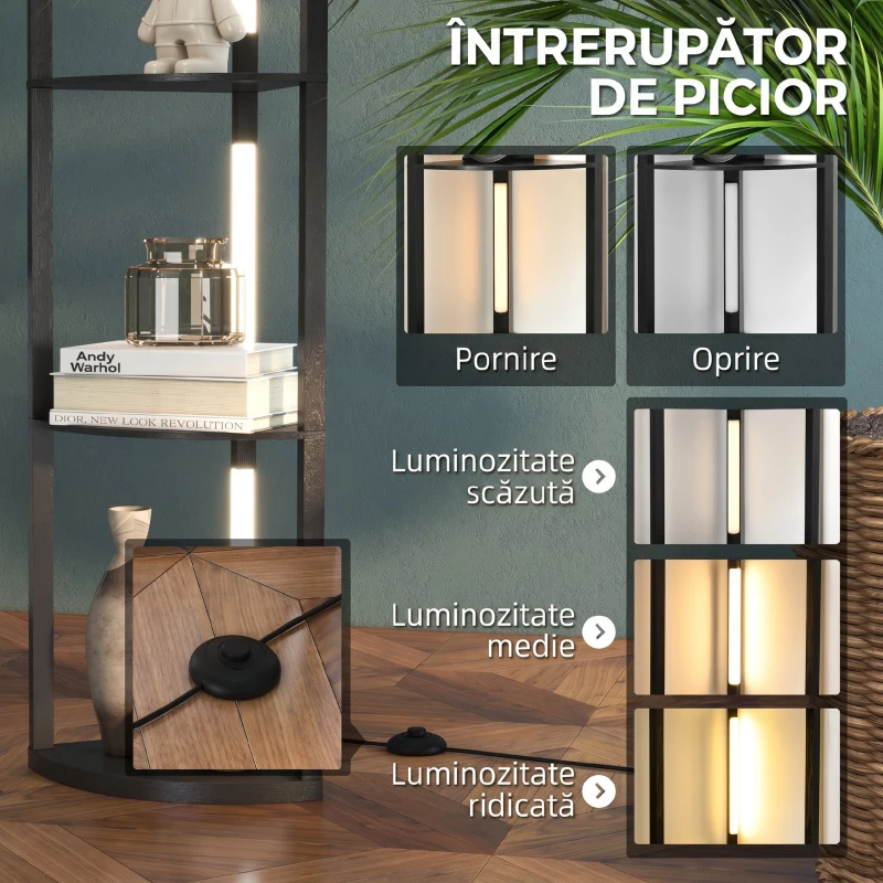 HOMCOM Lampadar Coloană din MDF cu 4 Rafturi și Iluminare LED de 3000K, 41x29.5x163.5 cm, Negru