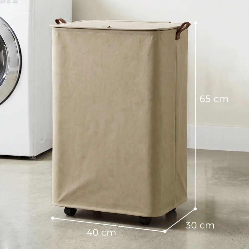 HOMCOM Cesto de Ropa Sucia con Tapa y Ruedas 50L Cesta de Ropa Sucia Plegable con Bolsa con Cordón Extraíble 40x30x65 cm Camel
