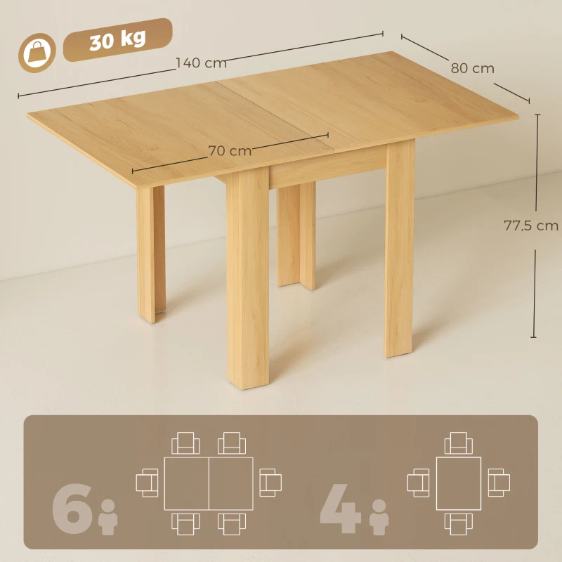 HOMCOM Table extensible 70/140 x 80 cm Table à manger moderne 4–6 personnes Gain de place pour cuisine salle à manger