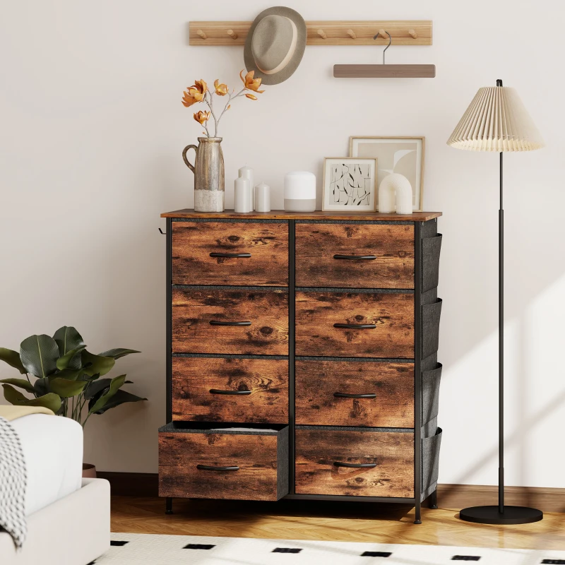 HOMCOM Cómoda 8 cajones de tela, mueble de almacenamiento, 4 bolsillos, 2 ganchos, estructura de acero, 86x30x94,5cm, marrón rústico
