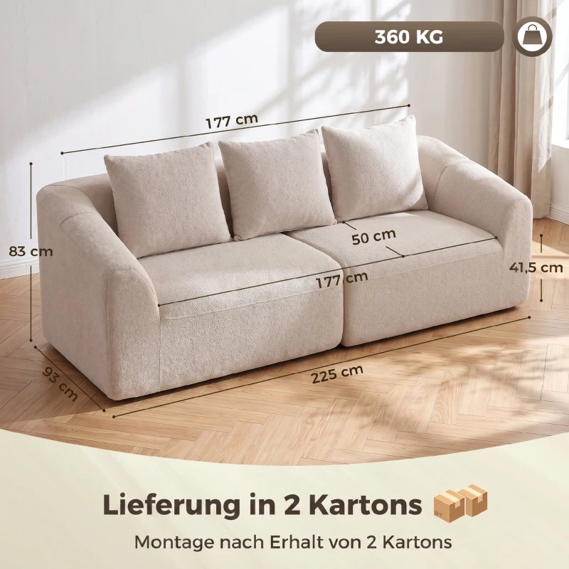 HOMCOM Canapé 3 places, Chenille Cloud sans cadre, rembourrage épais à ressorts ensachés, assise extra large, 3 coussins, Beige